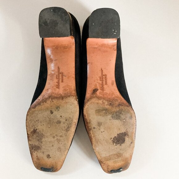 Ferragamo Black Suede 'Cinzia' Block Heel Shoes, Women S 7 - Picture 9 of 10